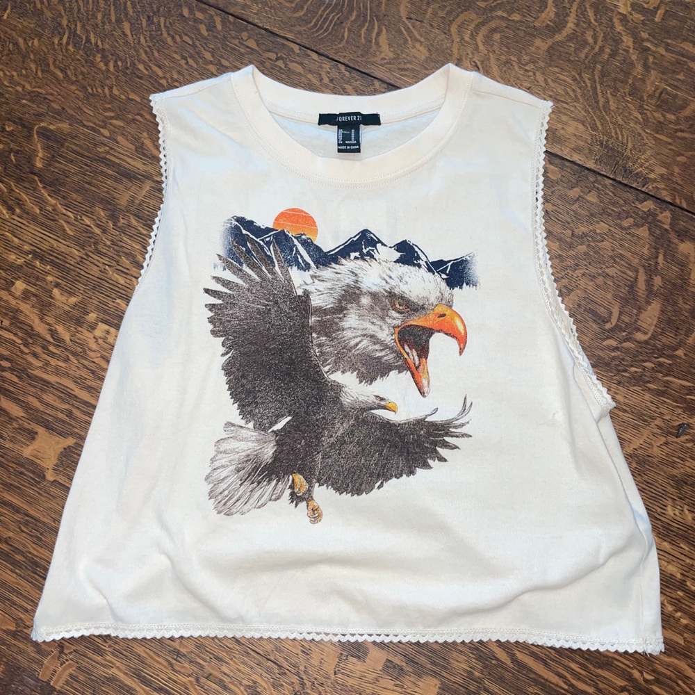 Beige Cutoff Eagle t-shirt muscle tank top with ruffle hem detail NWT